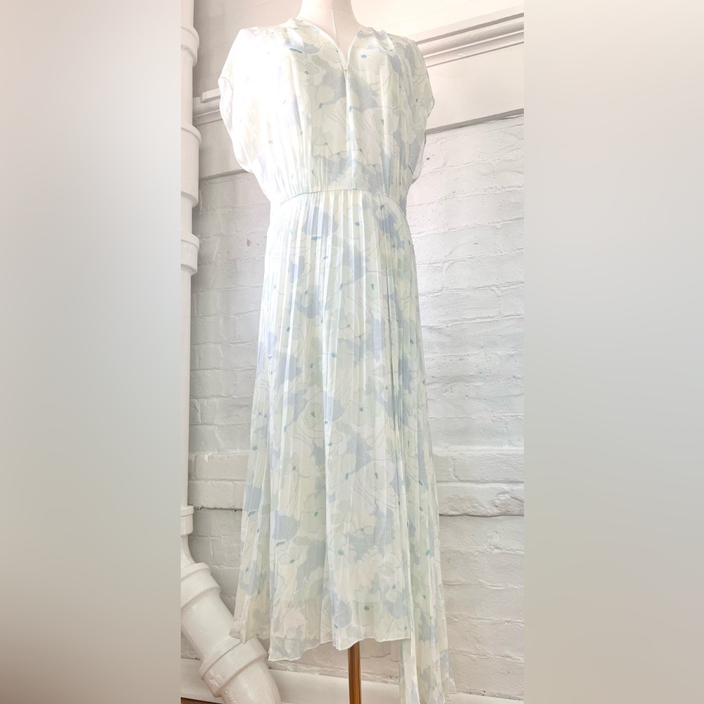 Lewit Chiffon Pastel Floral Midi Dress Pleated Skirt Cap Sleeve - Picture 9 of 17